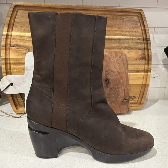 Cole Haan Air Sara Brown Nubuck Leather Boots Mid Wedge Platform D29267 - Picture 3 of 9